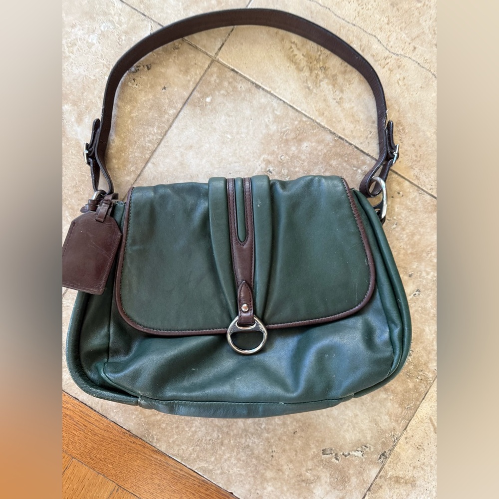 LAUREN RALPH LAUREN vintage olive, green and brown, leather handbag preowned - Picture 2 of 14